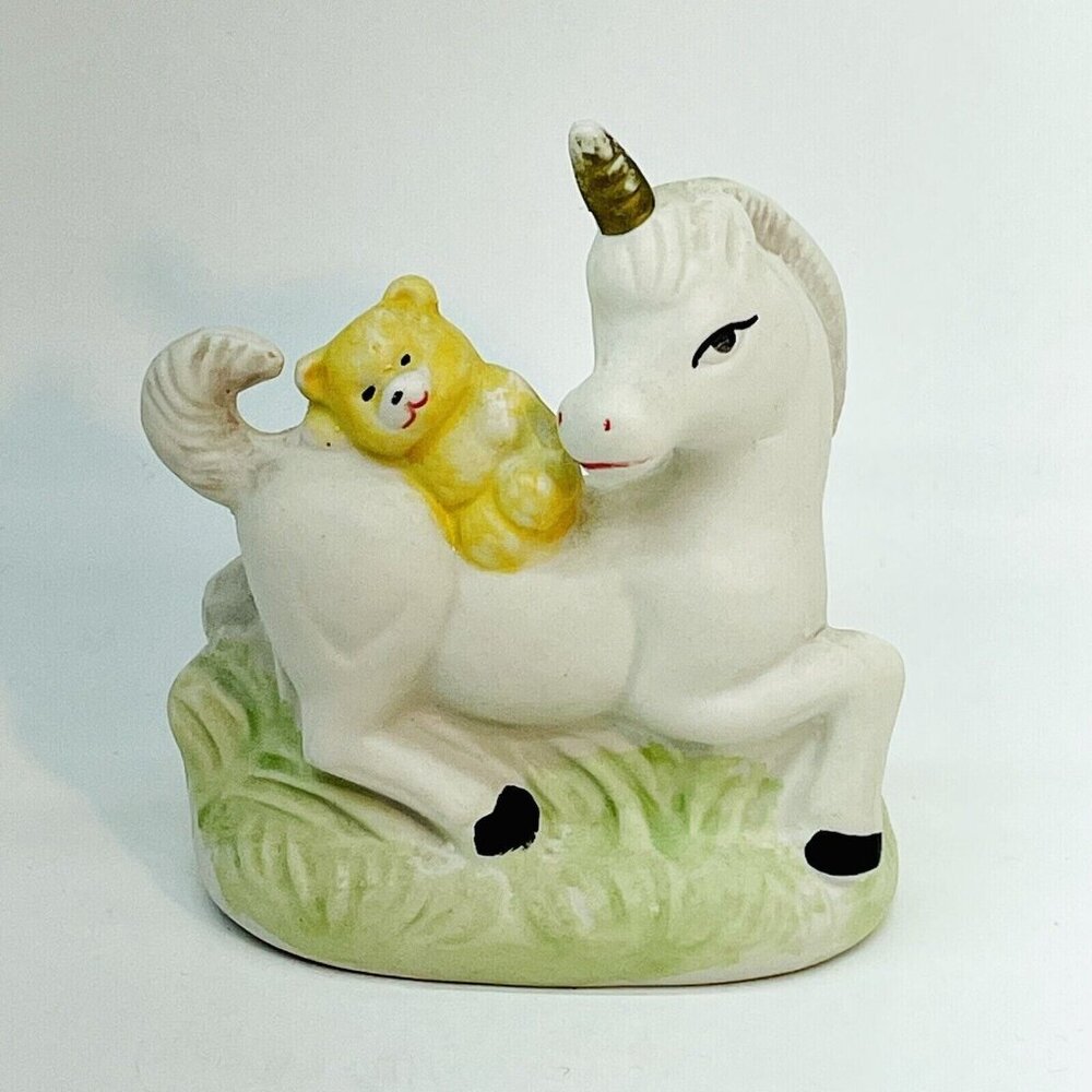 Whimsical Vintage Porcelain Figurine Yellow Teddy Bear Riding White Unicorn - Picture 9 of 9